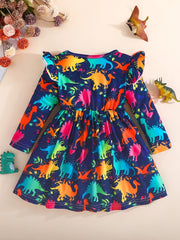 Girls' Tie Dye Dinosaur Allover Print Ruffle Long Sleeve Casual Dress