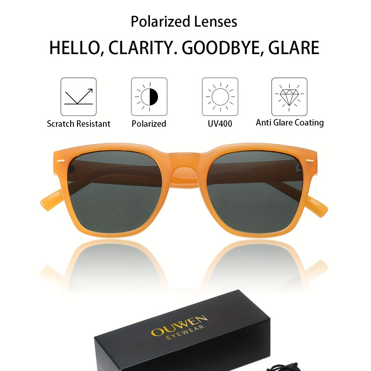 OUWEN Small Square Polarized Sunglasses Men Retro Sun Glasses UV400 Orange