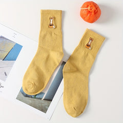 Fox Embroidery Mid Tube Socks for Women