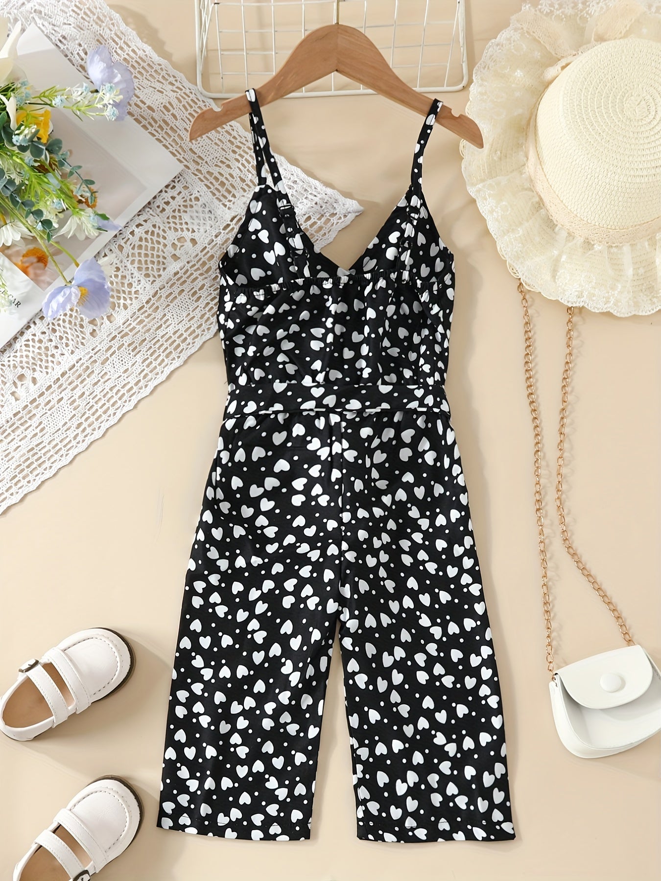 Toddlr Girls Heart Graphic Belted Cami Rompers for Beach Vacation