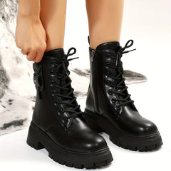 Women's Ankle Combat Boots British Style Round Toe Lace Up Platform Shoes