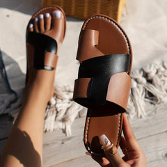 Women's Contrast Slide Sandals Loop Toe Flat Summer Lightweight Beach Shoes