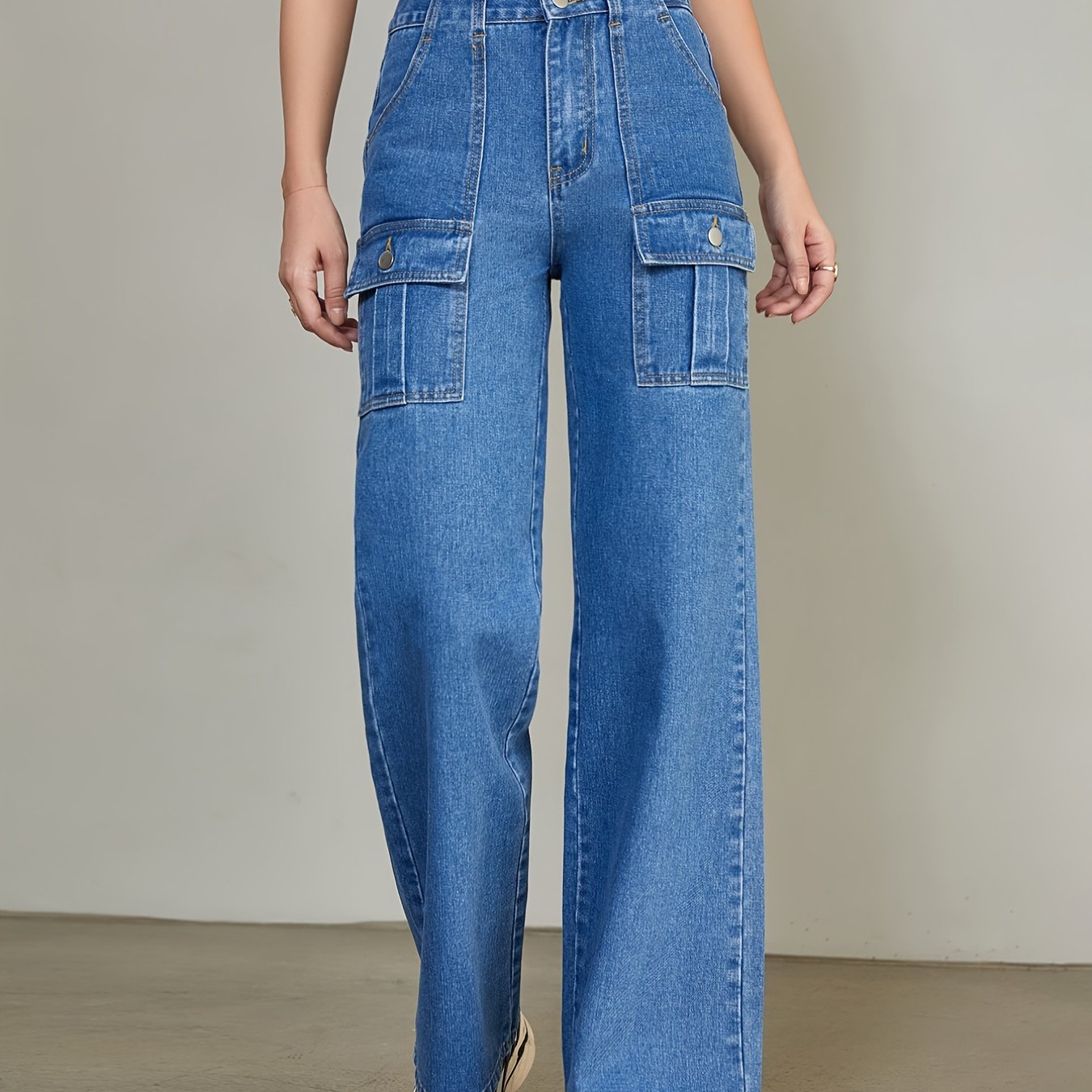 Flap Pockets Straight Jeans Loose Fit High Waist Non Stretch Denim Pants