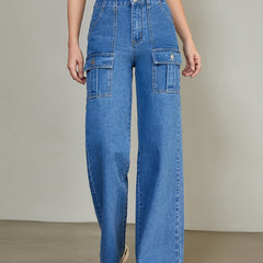 Flap Pockets Straight Jeans Loose Fit High Waist Non Stretch Denim Pants