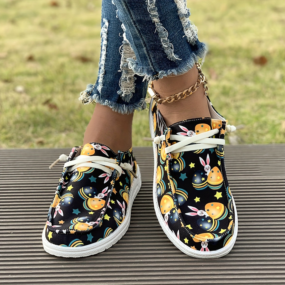 Easter Rabbit Print Boat Shoes Lightweight Flats Slip On Walking Shoes