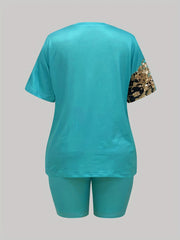Women's Plus Leopard & Rhinestone Print Round Neck Short Sleeve & Shorts Outfits