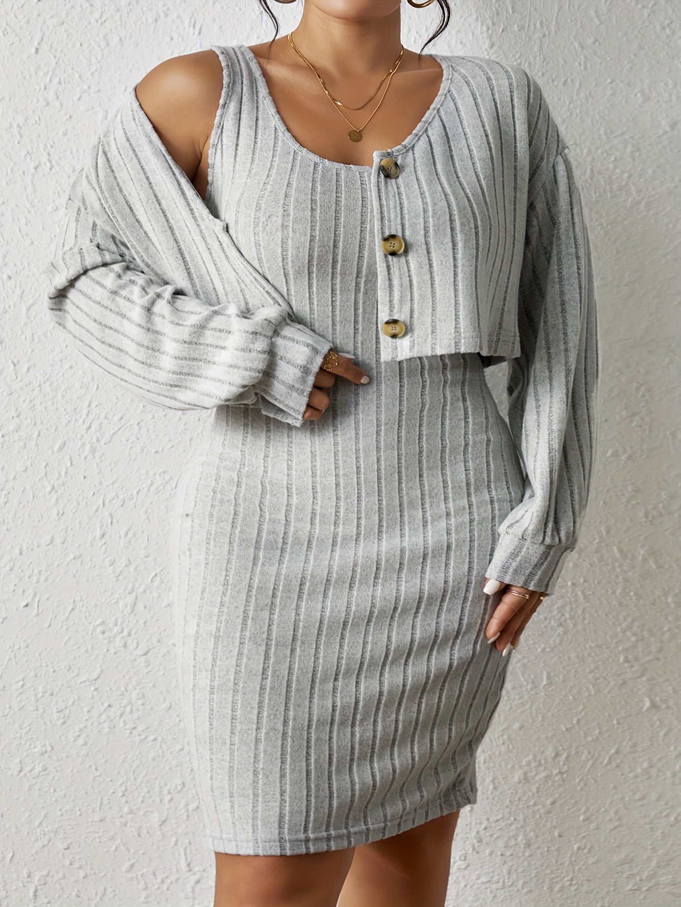 Plus Solid Ribbed Knit Round Neck Tank Dress & Long Sleeve Top Set