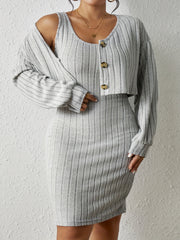 Plus Solid Ribbed Knit Round Neck Tank Dress & Long Sleeve Top Set