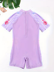 Flamingo Print Girls One Piece Swimsuit Short Sleeve Zipper Round Neck