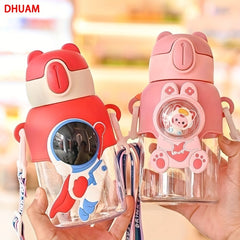 600ml Leakproof Plastic Water Bottle with Straw and Carrying Strap