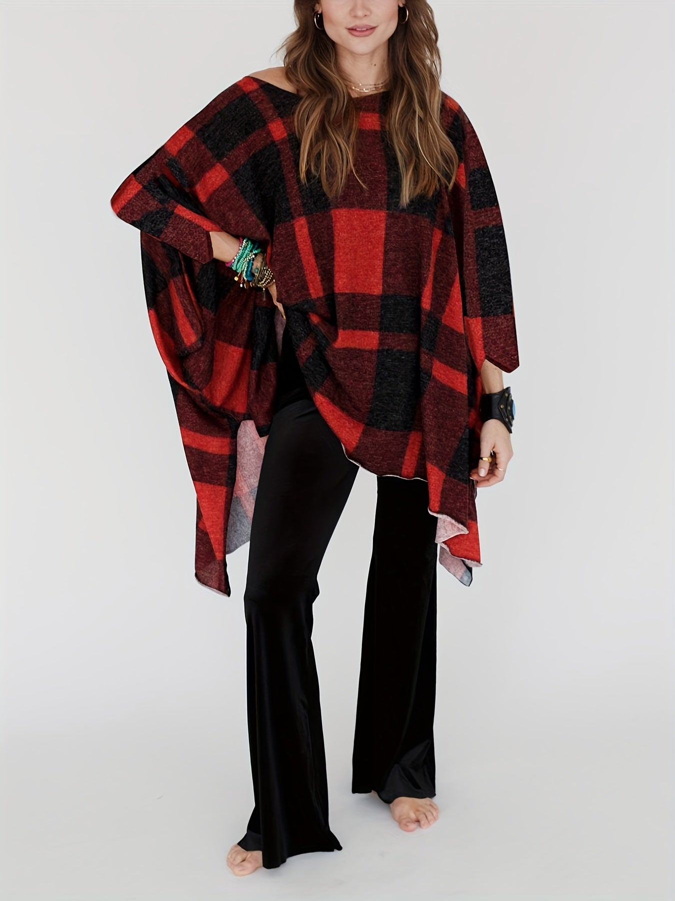 Plaid Round Neck Cover Up Blouse Loose Fit Casual Beachwear Cover Up Shirt