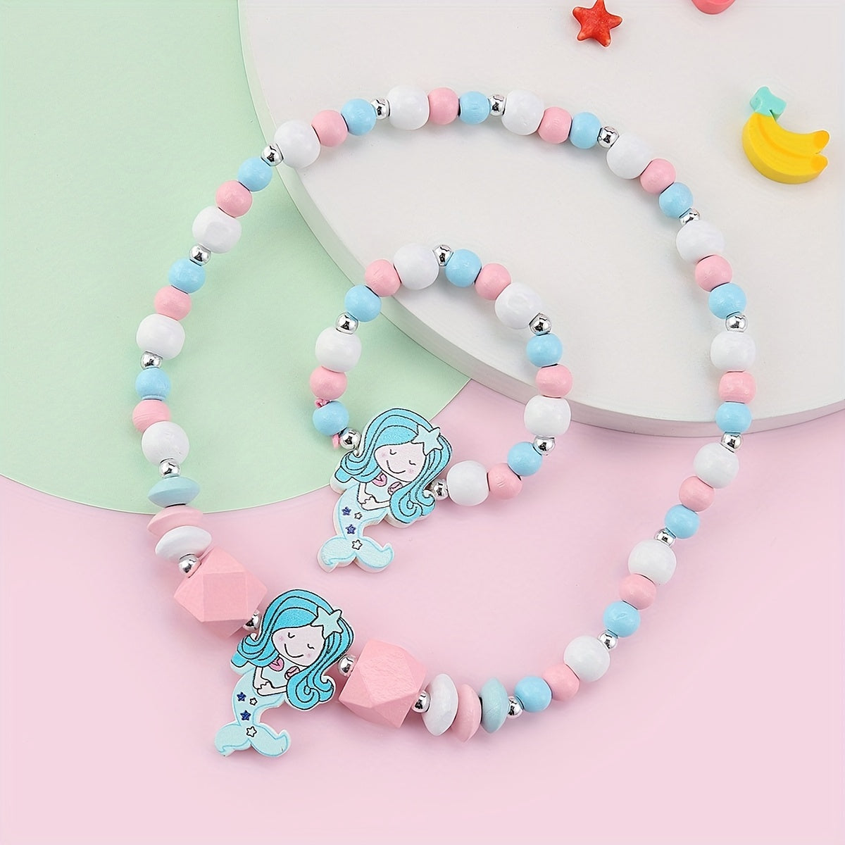 2pcs Unicorn Mermaid Beaded Bracelet Necklace Set for Girls