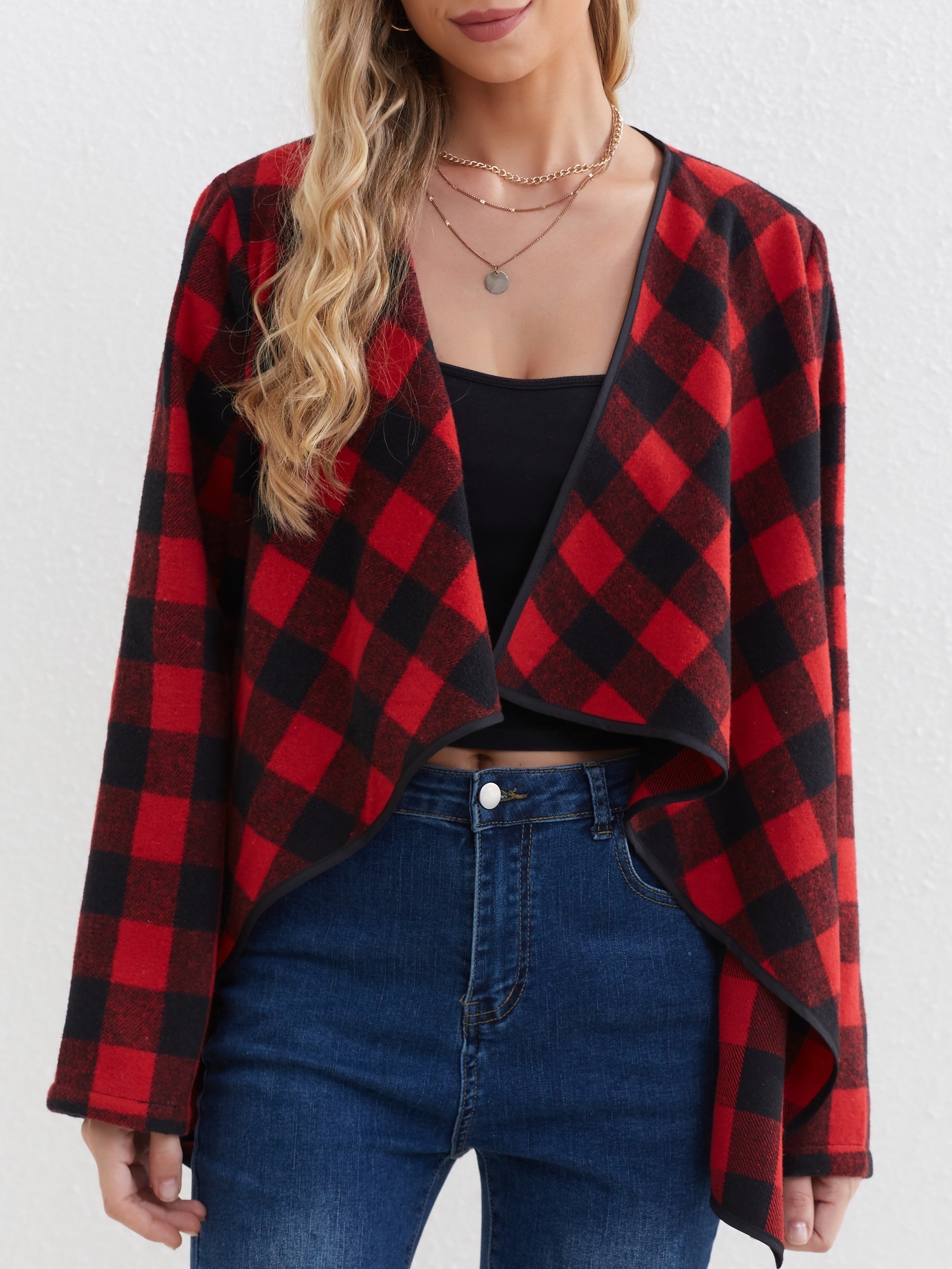 Plaid Print Open Front Jacket Long Sleeve Lapel Jacket