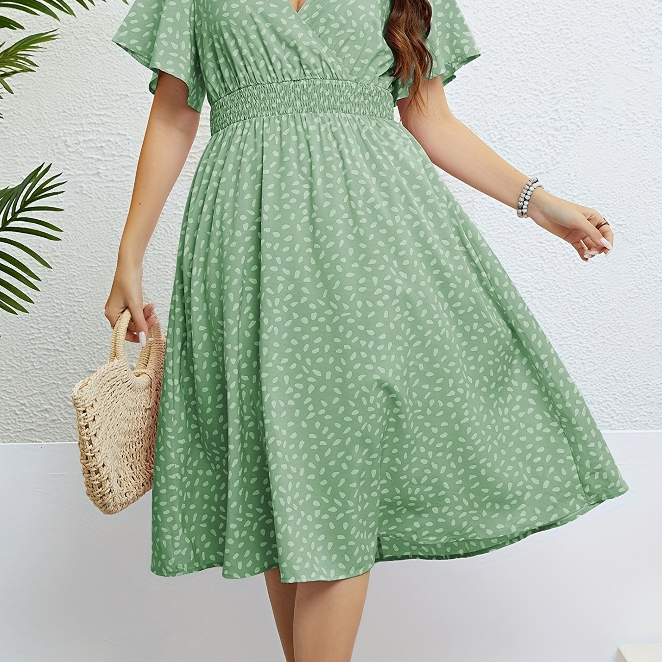 Butterfly Sleeve Surplice Neck Waist Pleated Dress
