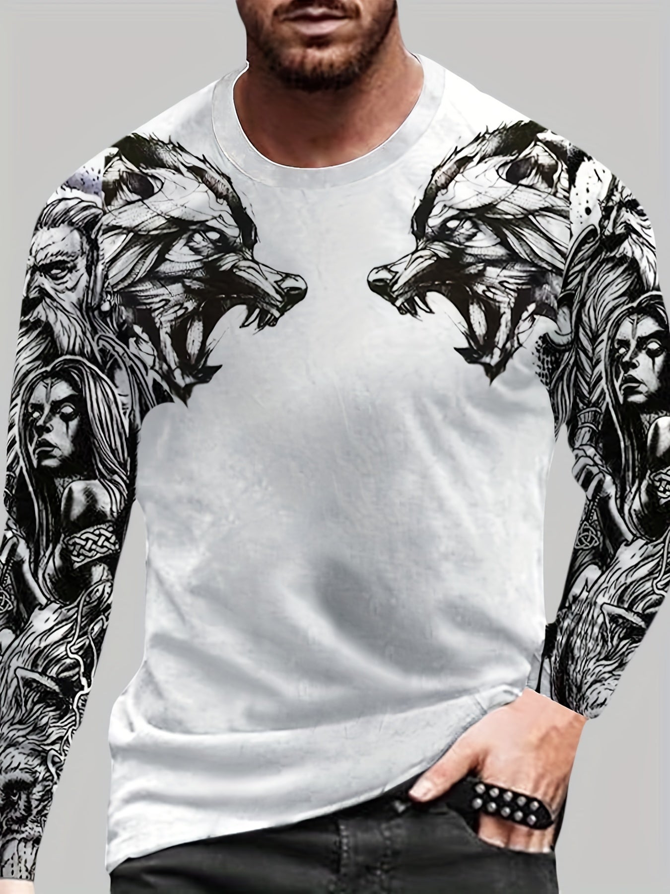 Wolf Pattern Print Men's Graphic Long Sleejson formatves Crew Neck T shirt