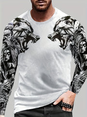 Wolf Pattern Print Men's Graphic Long Sleejson formatves Crew Neck T shirt