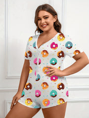 Cartoon Donut Print Pajama Romper
