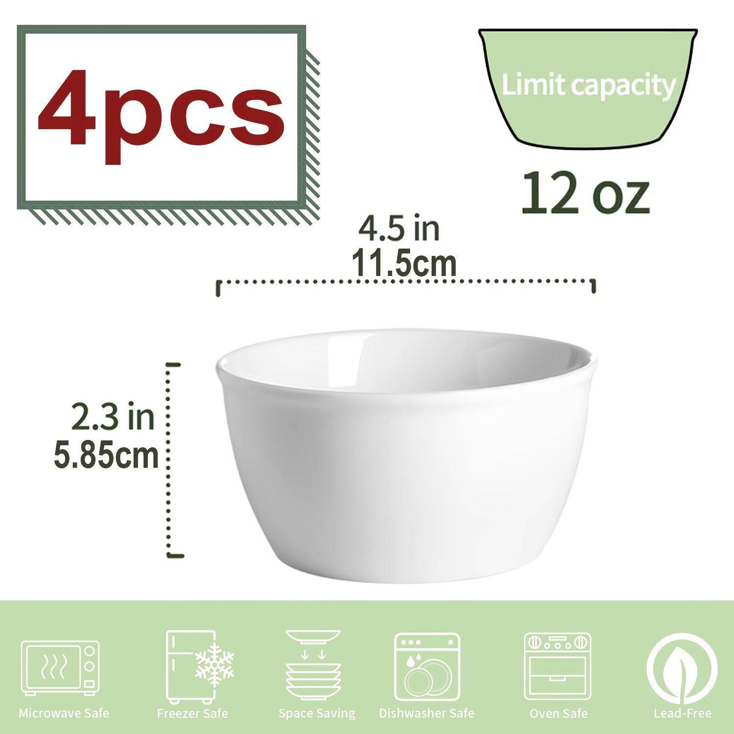 Set of 6 Ceramic Ice Cream & Cereal Bowls Porcelain Soup Bowls 12 Oz Small