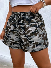 Women's Plus Camo Print Drawstring Elastic Shorts With Large Pocket