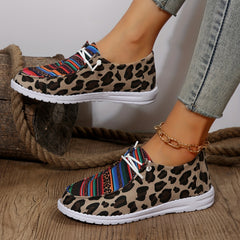 Leopard Print Canvas Lace Up Low Top Slip On Sneakers