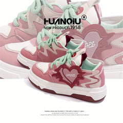 HUANQIU Women's Block Heart Lace-up Skate Shoes Lightweight Flatform Shoes