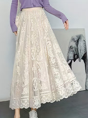 Lace Baroque Print Maxi Skirt - Solid Pleated Women's Clothing
