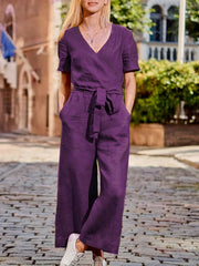 Solid Jumpsuit Casual Short Sleeve Wide Leg Jumpsuit