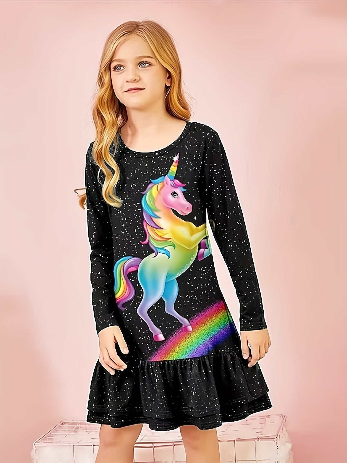 Girls Casual Rainbow Unicorn Print Crew Neck Long Sleeve Dress