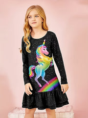 Girls Casual Rainbow Unicorn Print Crew Neck Long Sleeve Dress