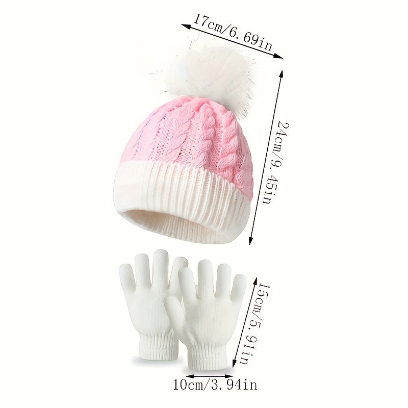 Kids Warm Hat & Gloves Set for Cold Weather, Knitted Windproof Hat & Gloves 3pcs