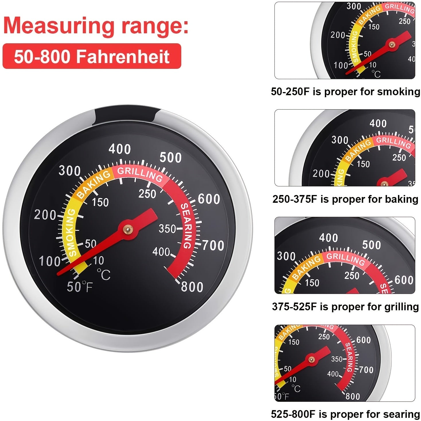 BBQ Charcoal Grill Smoker Temperature Gauge Pit Barbecue Thermometer Fahrenheit