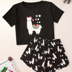 Cartoon Print Lounge Set Short Sleeve Top & Shorts Women's Loungewear
