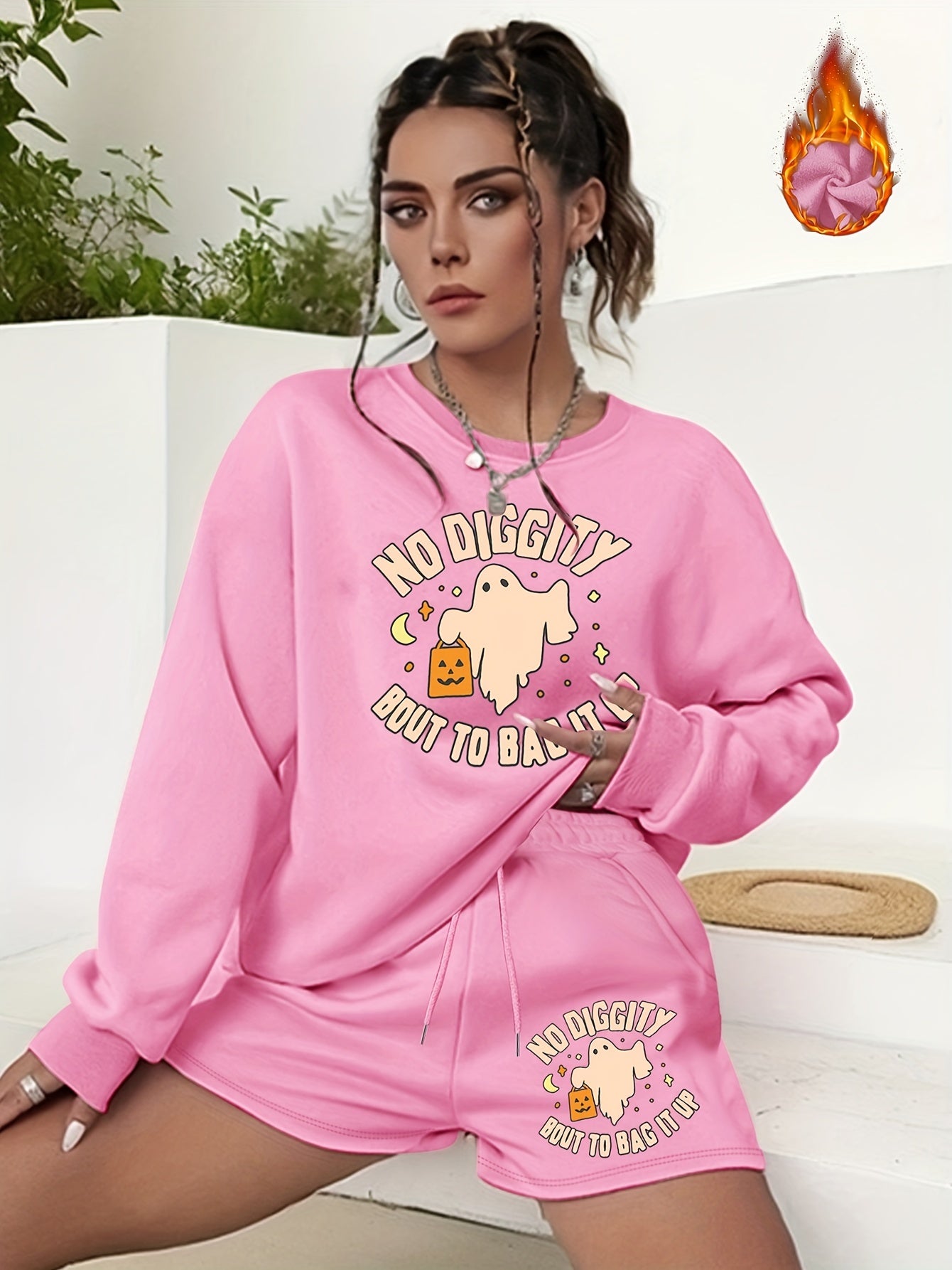 Women's Halloween Graphic Print Sweatshirt & Shorts Set