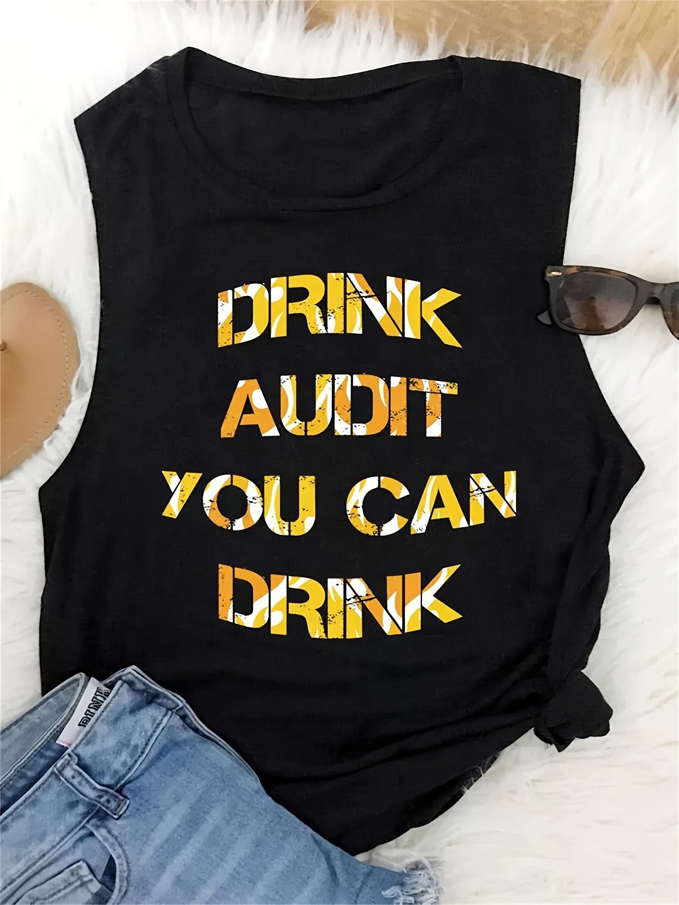 Drink Letter Print Tank Top Summer Sleeveless Crew Neck Casual