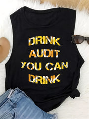 Drink Letter Print Tank Top Summer Sleeveless Crew Neck Casual