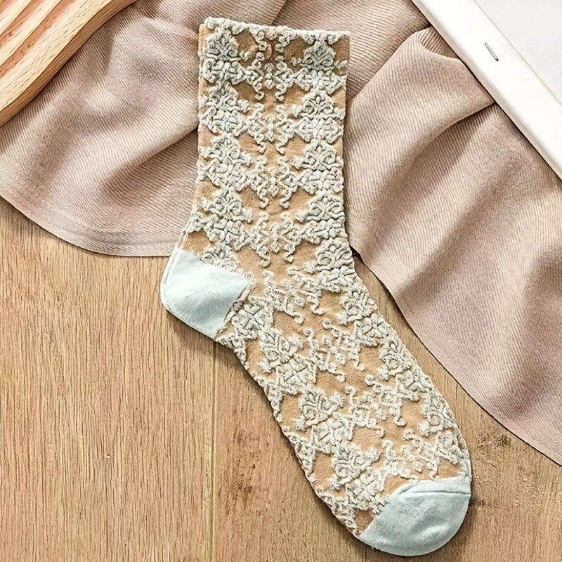 5 Pairs Retro Style 3D Textured Mid Tube Socks Women's Stockings