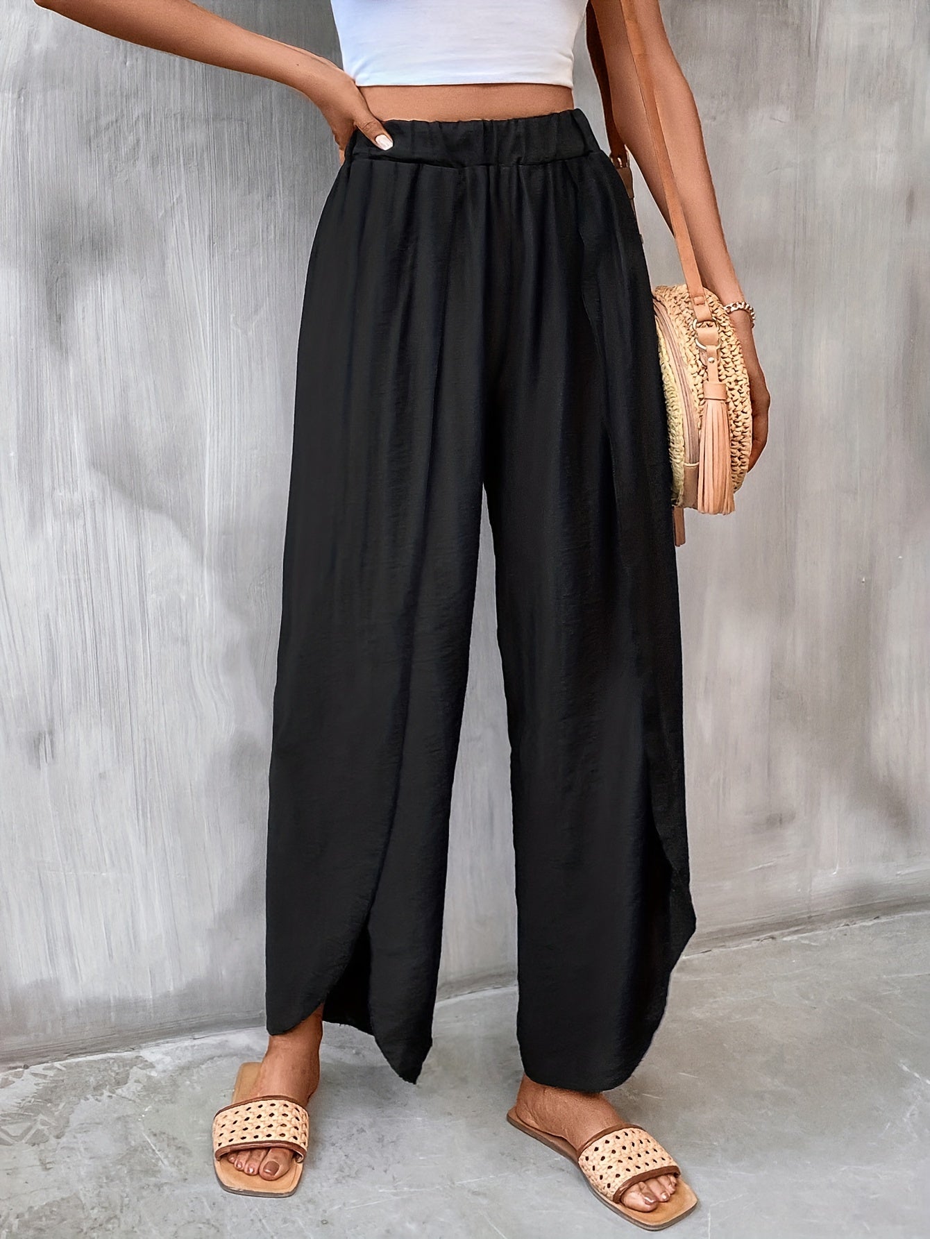 Solid Elastic Waist Split Pants Casual Wide Leg Pants Women's Clothing