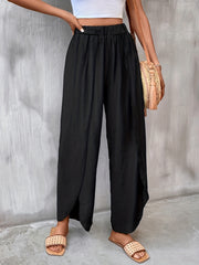 Solid Elastic Waist Split Pants Casual Wide Leg Pants Women's Clothing