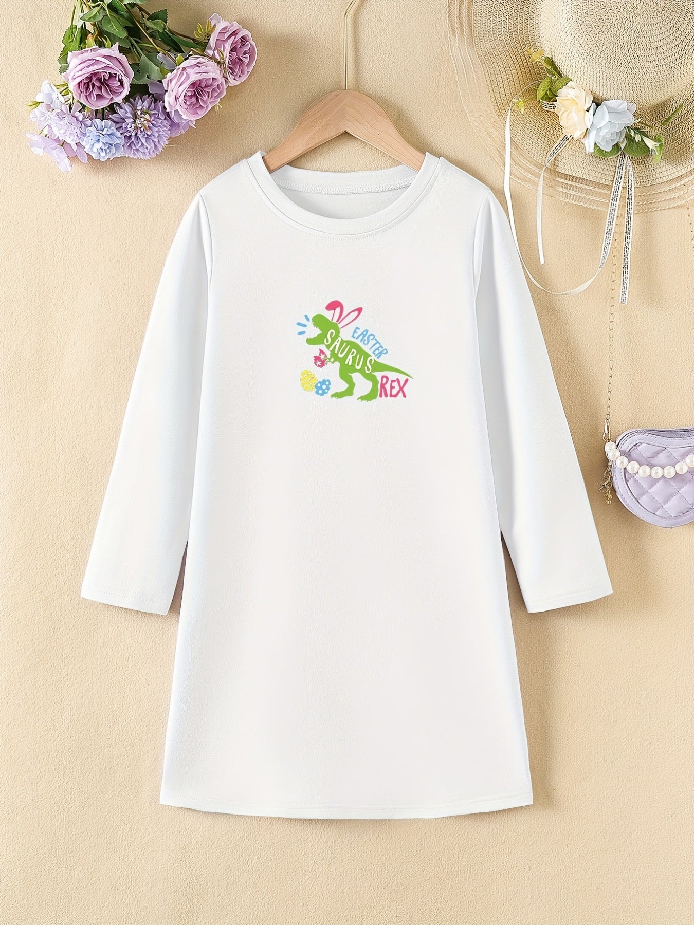 Easter Dinosaur Short Sleeve Casual T Shirt Dress for Toddler Girls