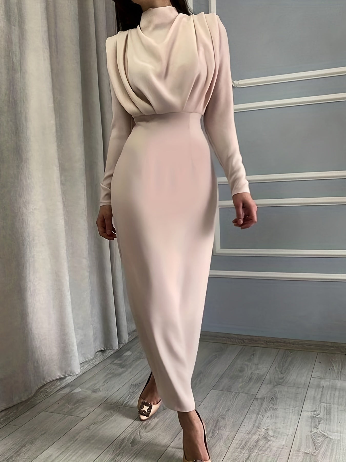 Ruched Long Sleeve Slim Waist Dress Women's Clothing