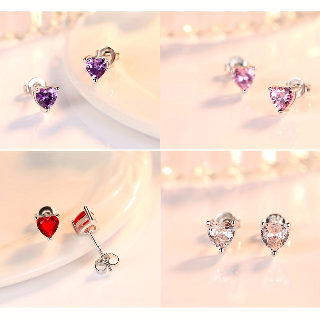 4 Pairs Heart Stud Earrings For Kids CZ Decor Small Jewelry Birthday