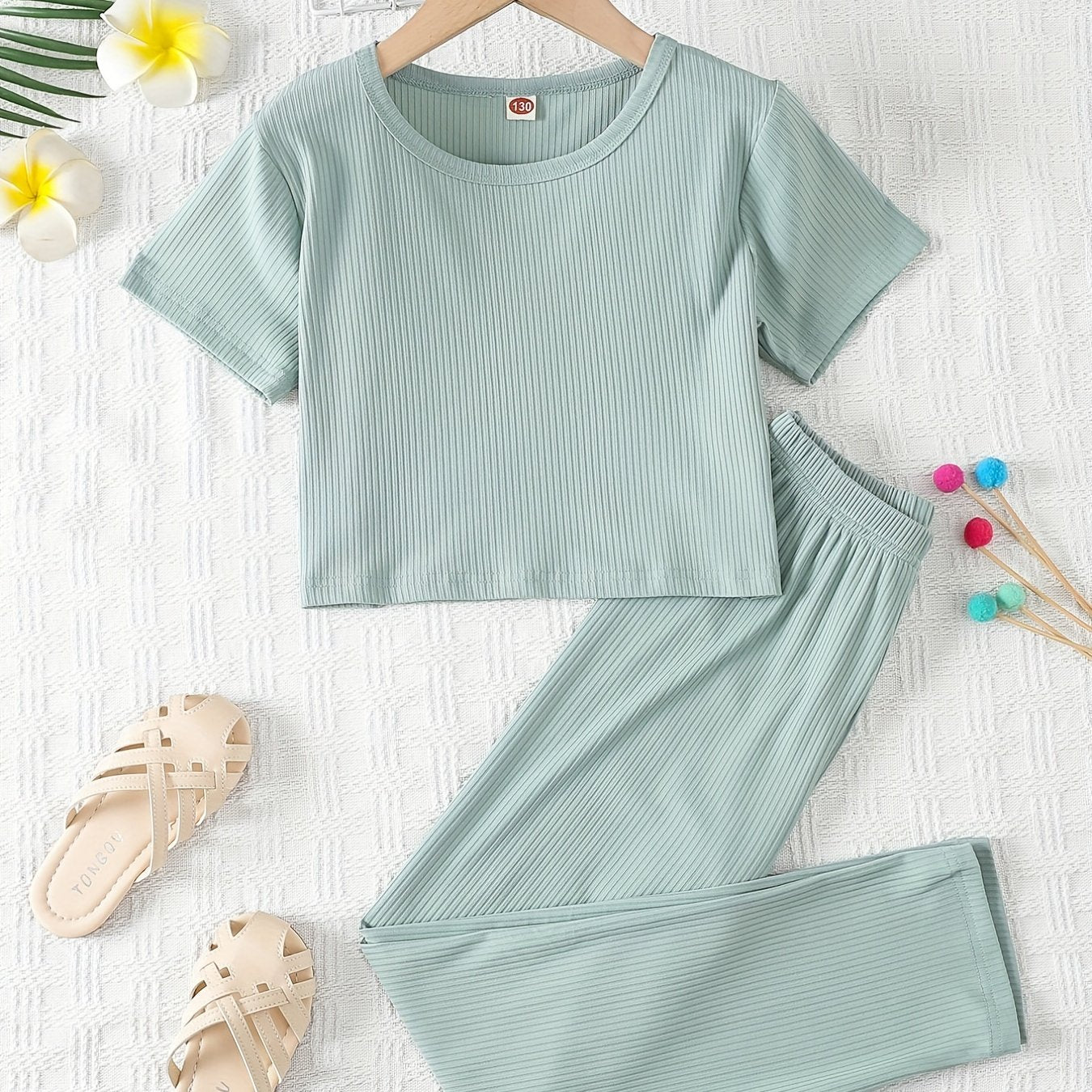 Girls 2pcs Outfits Solid Stripe Print T Shirt & Long Pants