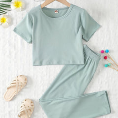 Girls 2pcs Outfits Solid Stripe Print T Shirt & Long Pants
