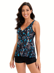 Multicolored V Neck Tankini Set Boxer Short Bottom Swimsuit