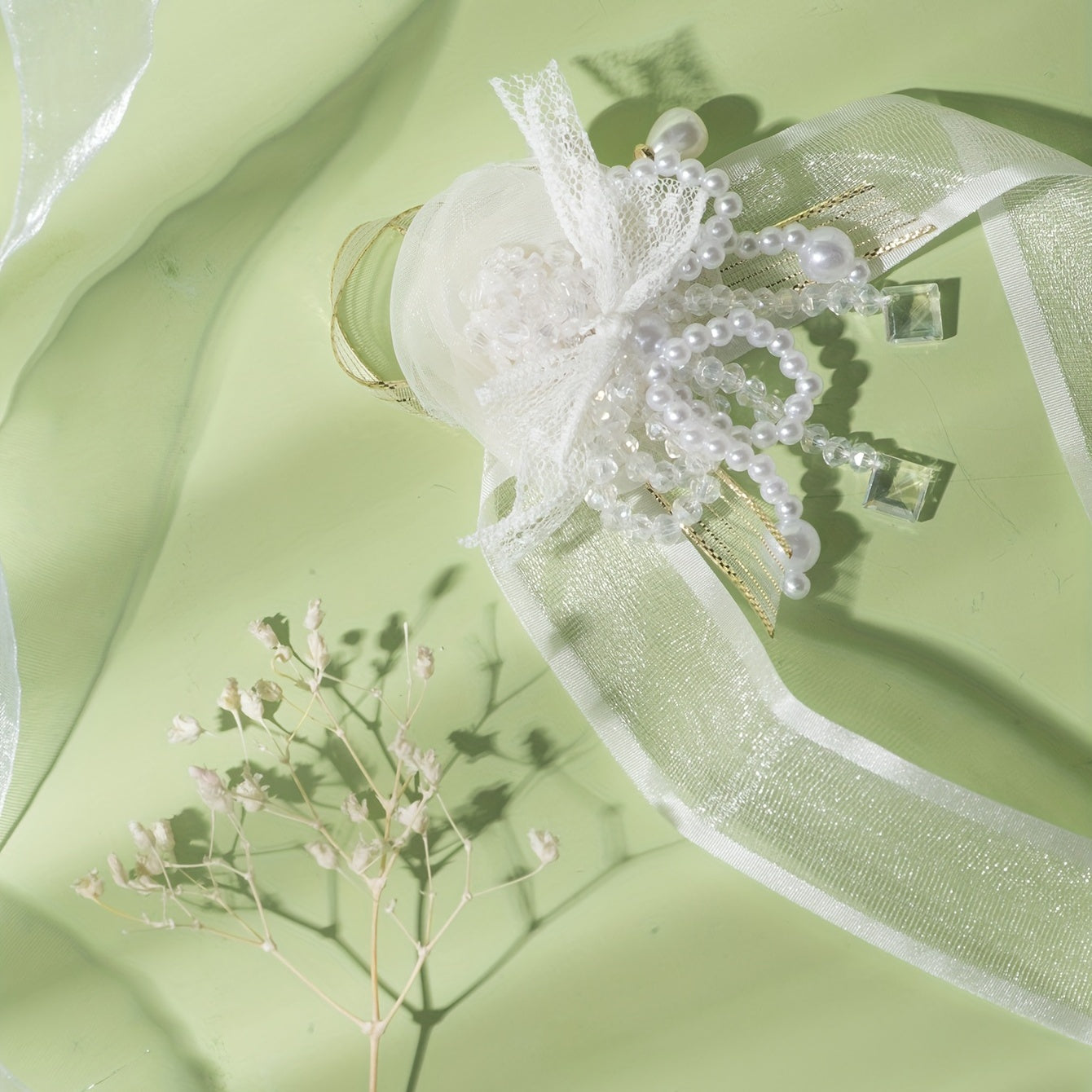 Mesh Bowknot Wristband Faux Pearl Crystal Bridal Wedding Jewelry