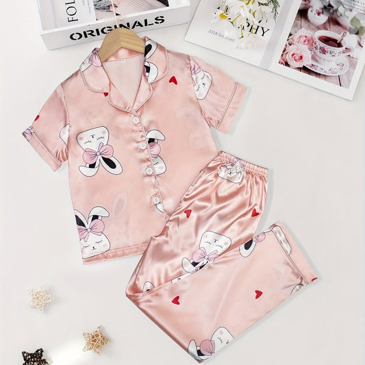 Girls Rabbit Graphic Pajama Set Short Sleeve Top & Pants Sleepwear