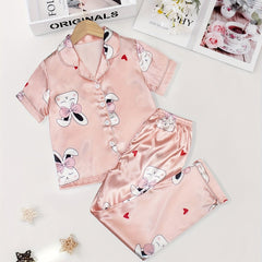 Girls Rabbit Graphic Pajama Set Short Sleeve Top & Pants Sleepwear