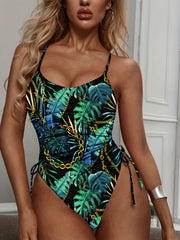 Retro Swimsuit Women's Leaf & Chain Print Ruched Lace Up Side