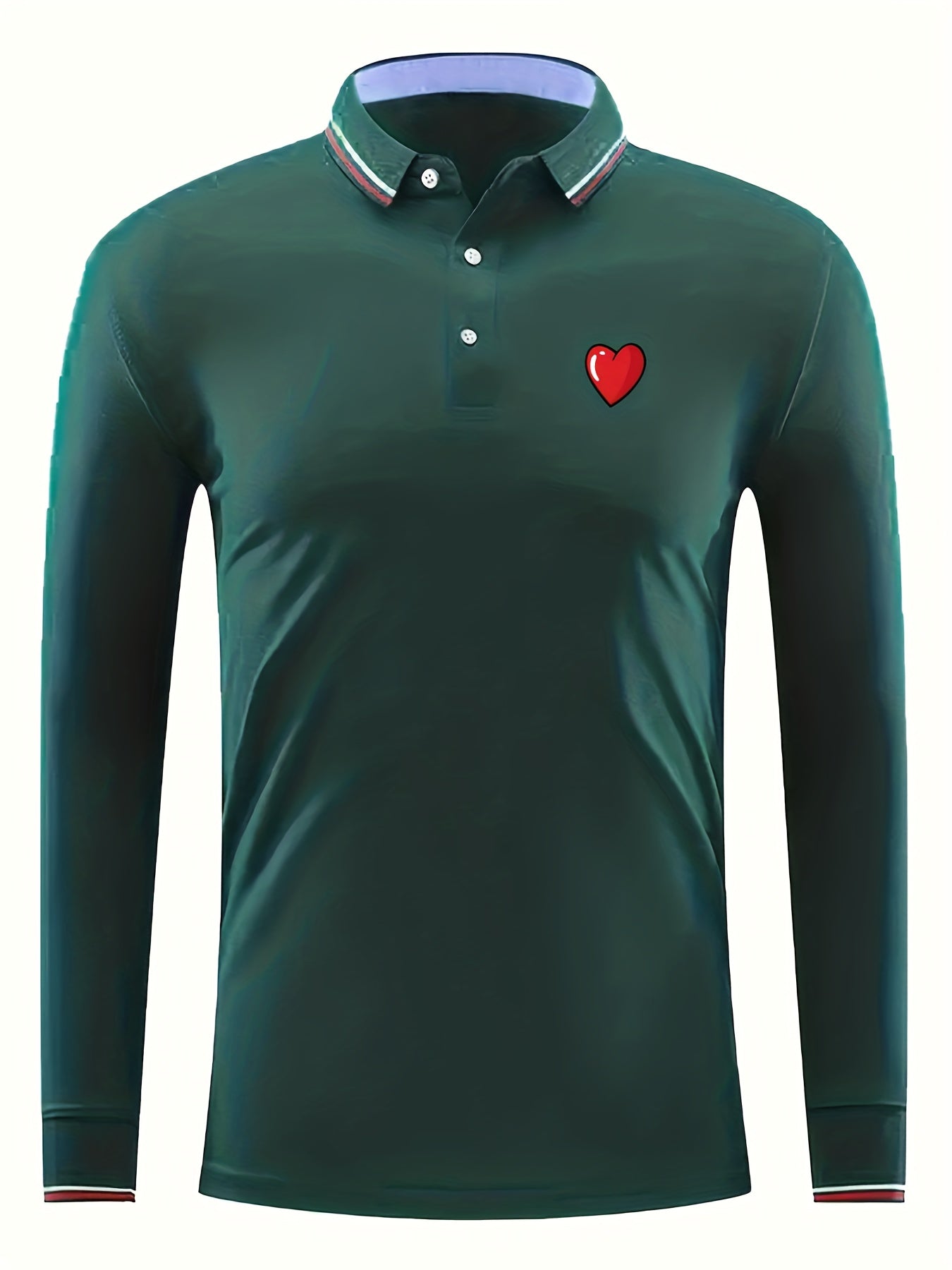 Red Heart Print Men's Casual Button Up Long Sleeve Lightweight Polo Shirt