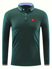 Red Heart Print Men's Casual Button Up Long Sleeve Lightweight Polo Shirt